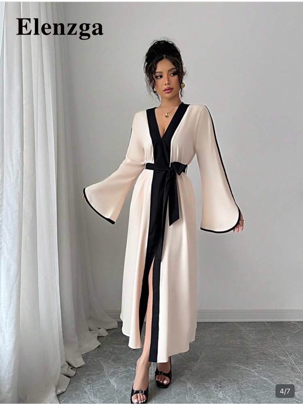 SHEIN Cream Maxi Dress with Black Trim and Belt